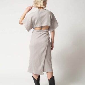 BASERANGE The Clair Wrap Dress Grey Organic Ribbed Cotton Open Cutout Back M